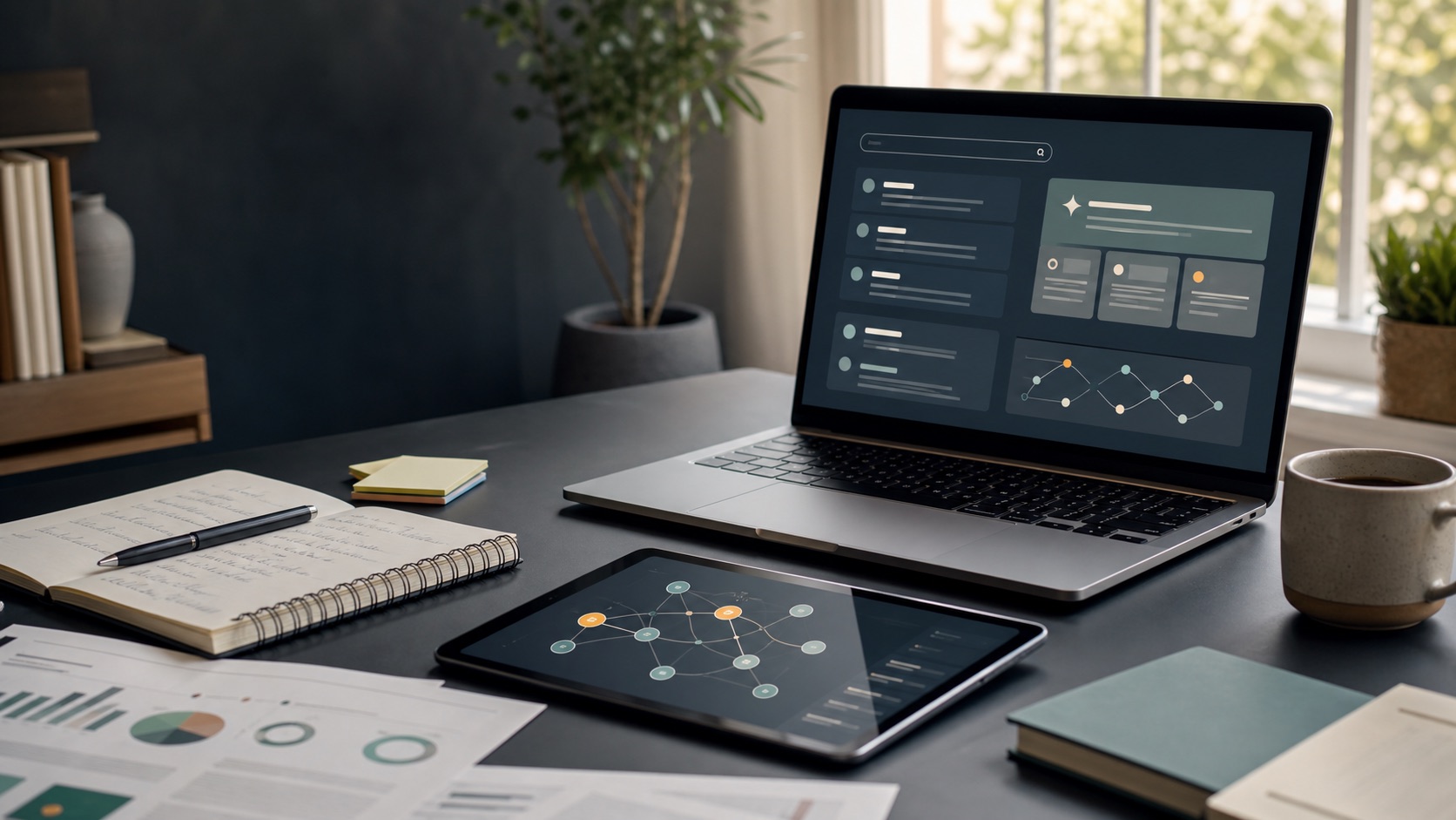 Workstation with documents, code, and search analysis used for SEO and GEO planning