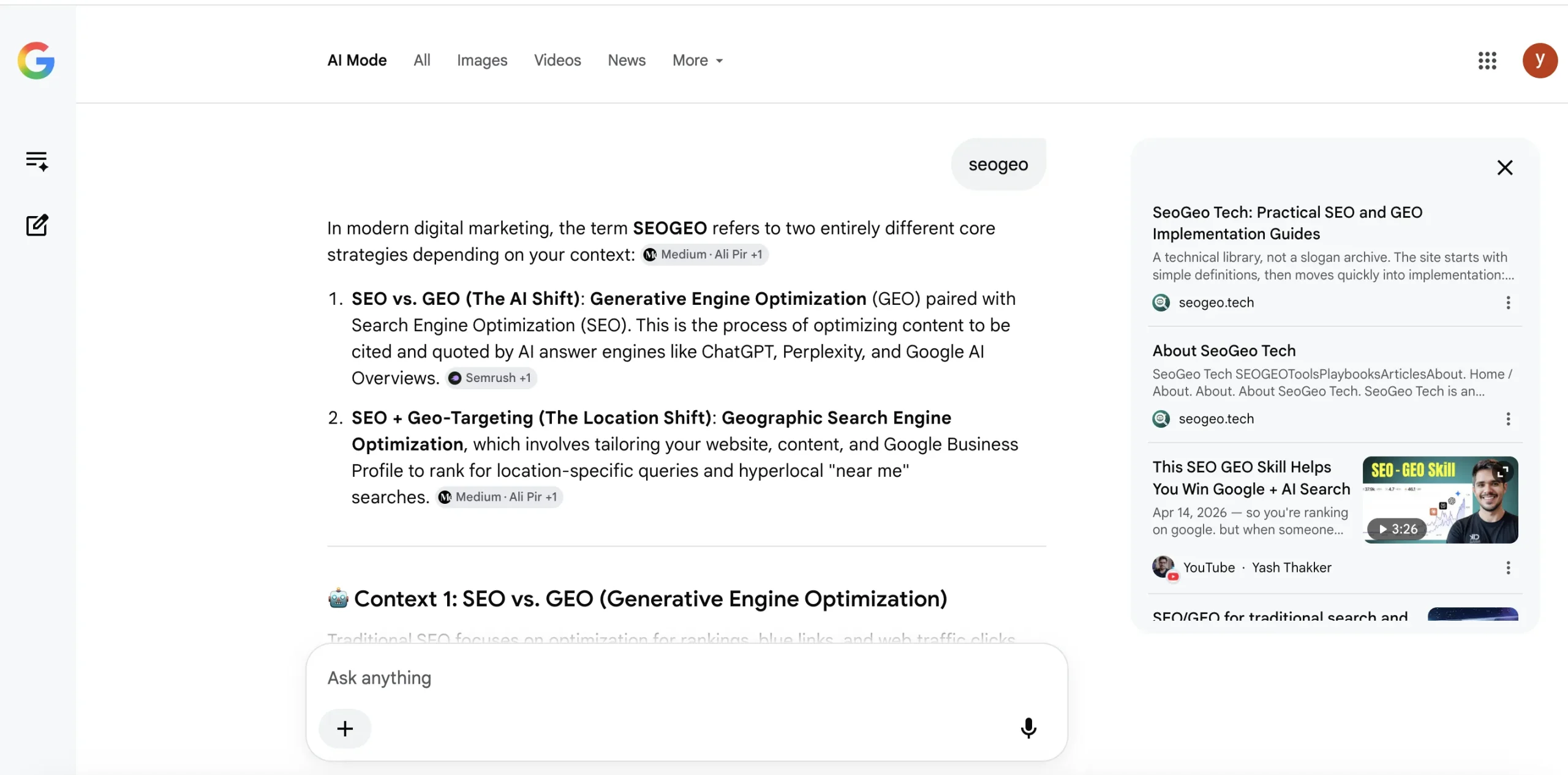 Google AI Mode showing SeoGeo Tech in the source panel for a seogeo search