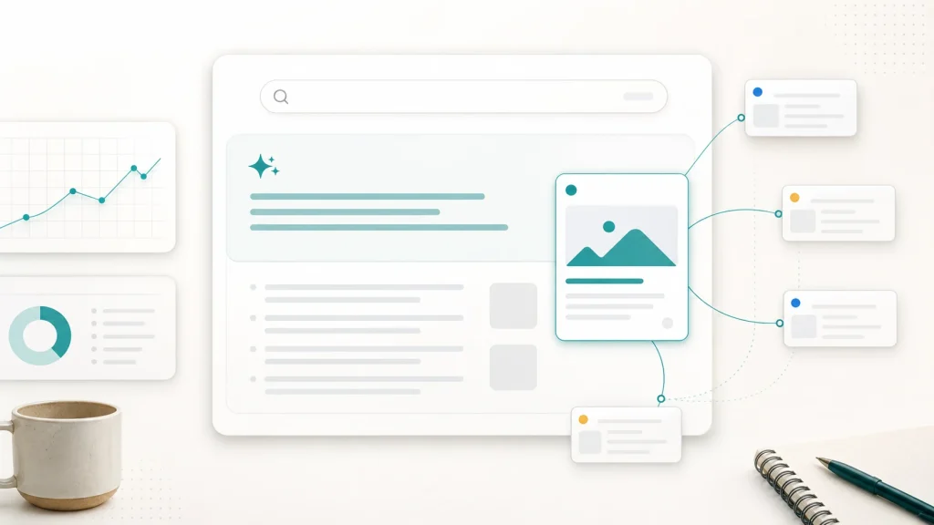 Editorial cover illustration showing an AI search result concept with a highlighted website source card