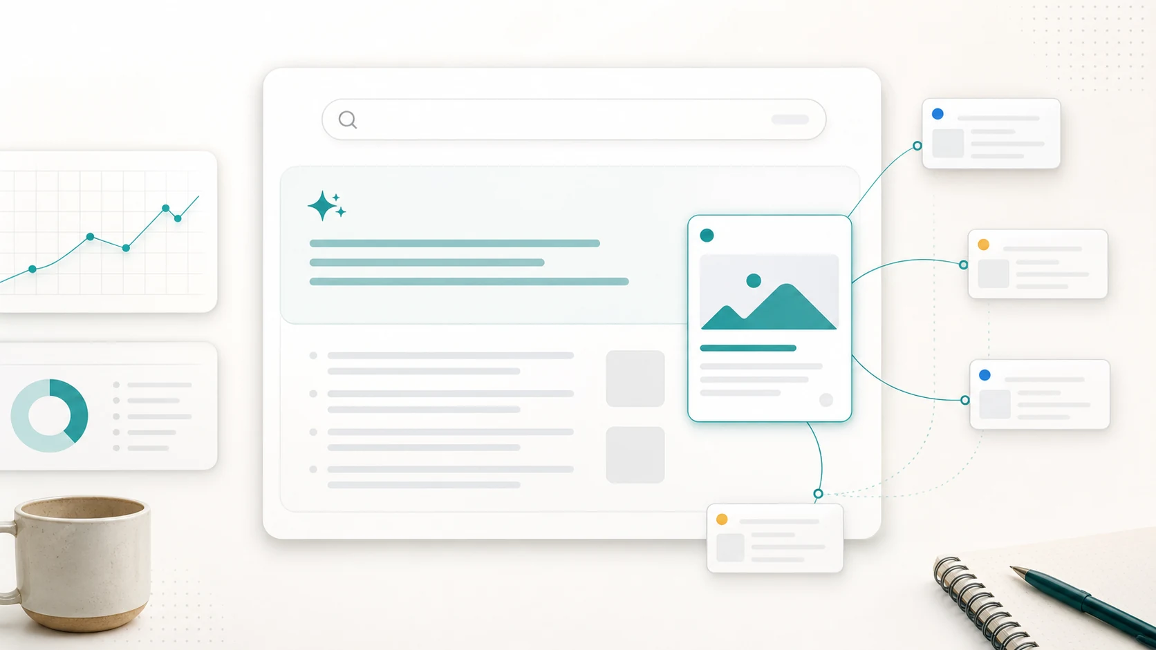 Editorial cover illustration showing an AI search result concept with a highlighted website source card