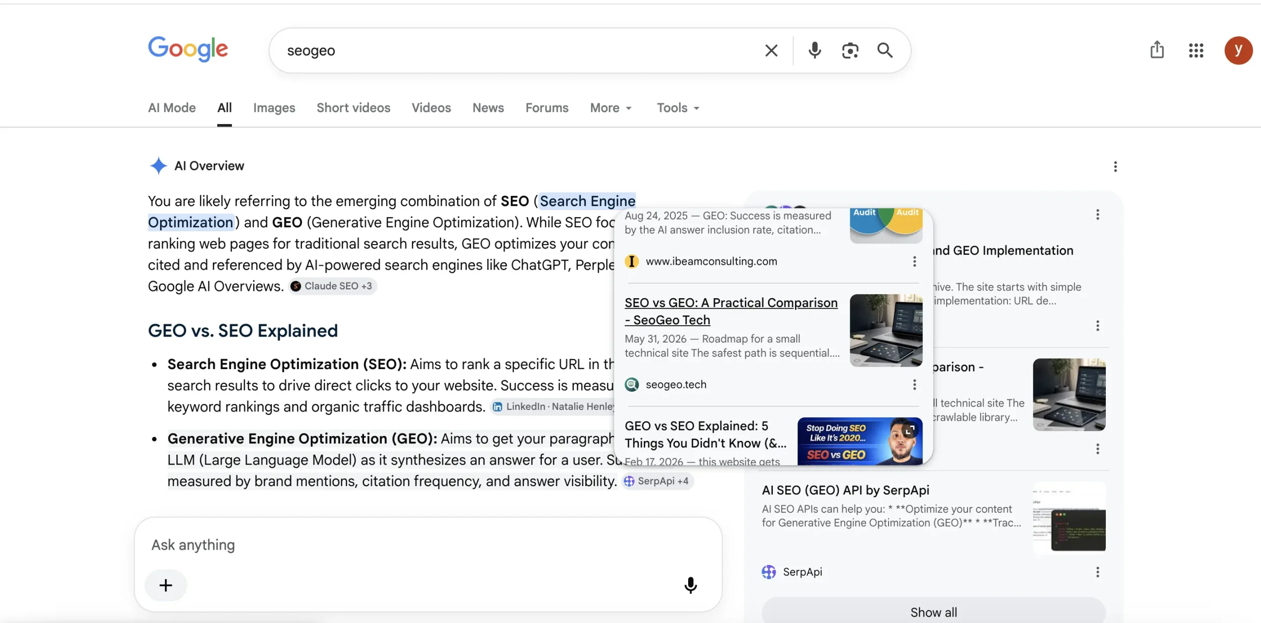 Google AI Overview showing the SeoGeo Tech article SEO vs GEO: A Practical Comparison as a source result