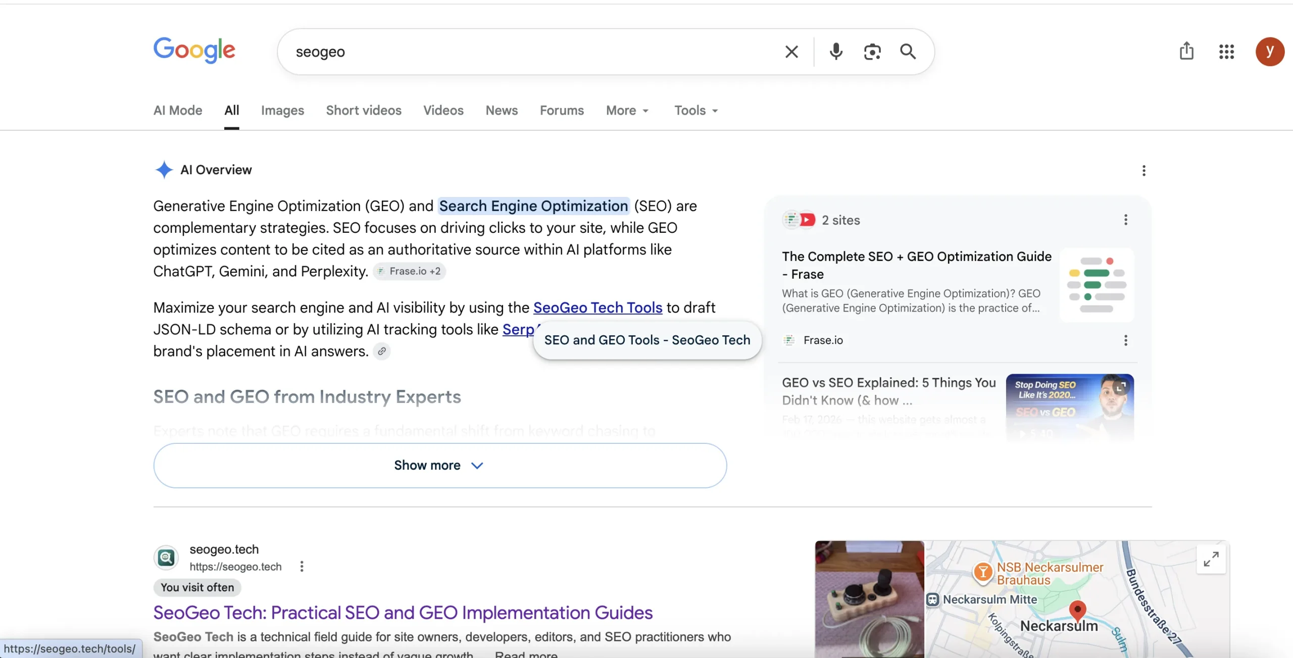 Google AI Overview showing a SeoGeo Tech Tools link in an answer about SEO and GEO