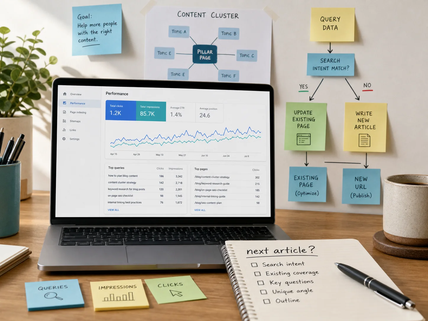 Editorial workspace showing query data, content cluster notes, and a decision flow for whether to update an existing page or write a new article