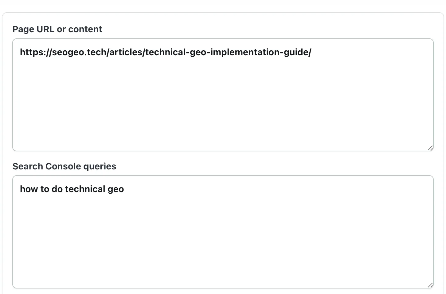 AI Search Content Gap Analyzer input with the Technical GEO page URL and a Search Console query