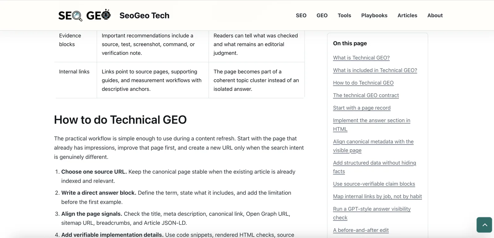 SeoGeo Tech Technical GEO guide section showing the How to do Technical GEO heading