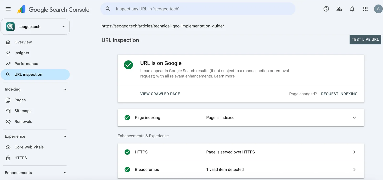 Google Search Console URL Inspection report showing a SeoGeo Tech article URL on Google