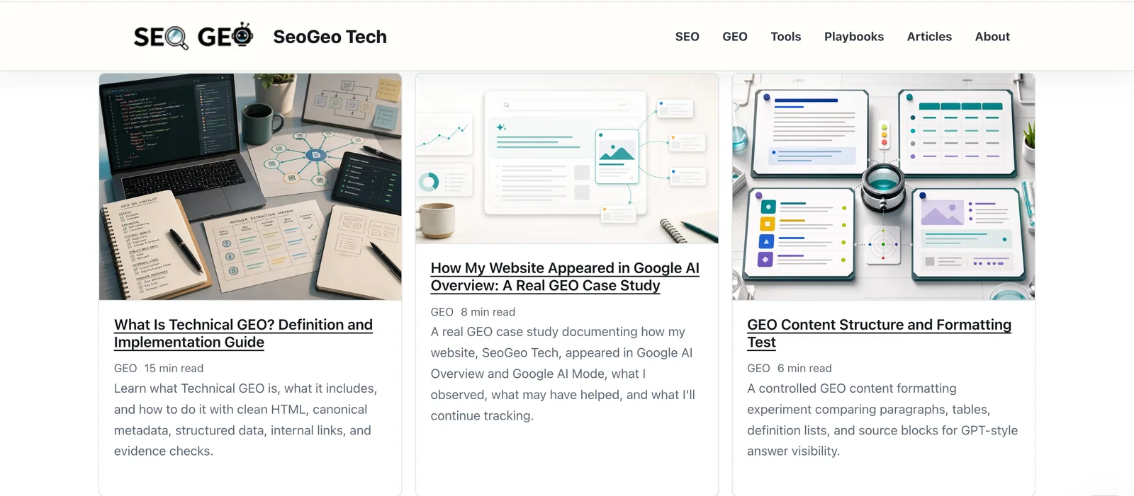 SeoGeo Tech homepage article card showing the updated Technical GEO article title and reading time