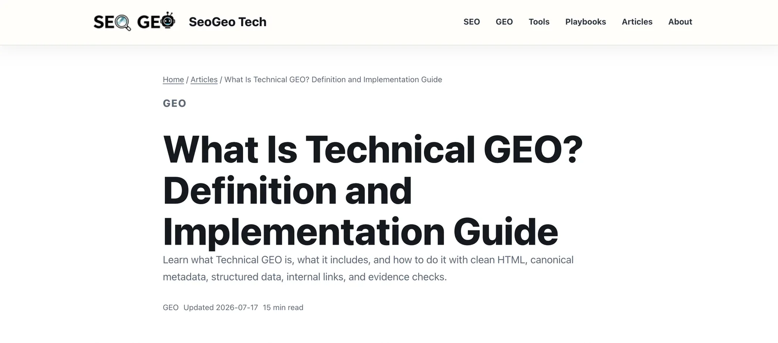 Live SeoGeo Tech article page showing the updated Technical GEO title, date, and reading time