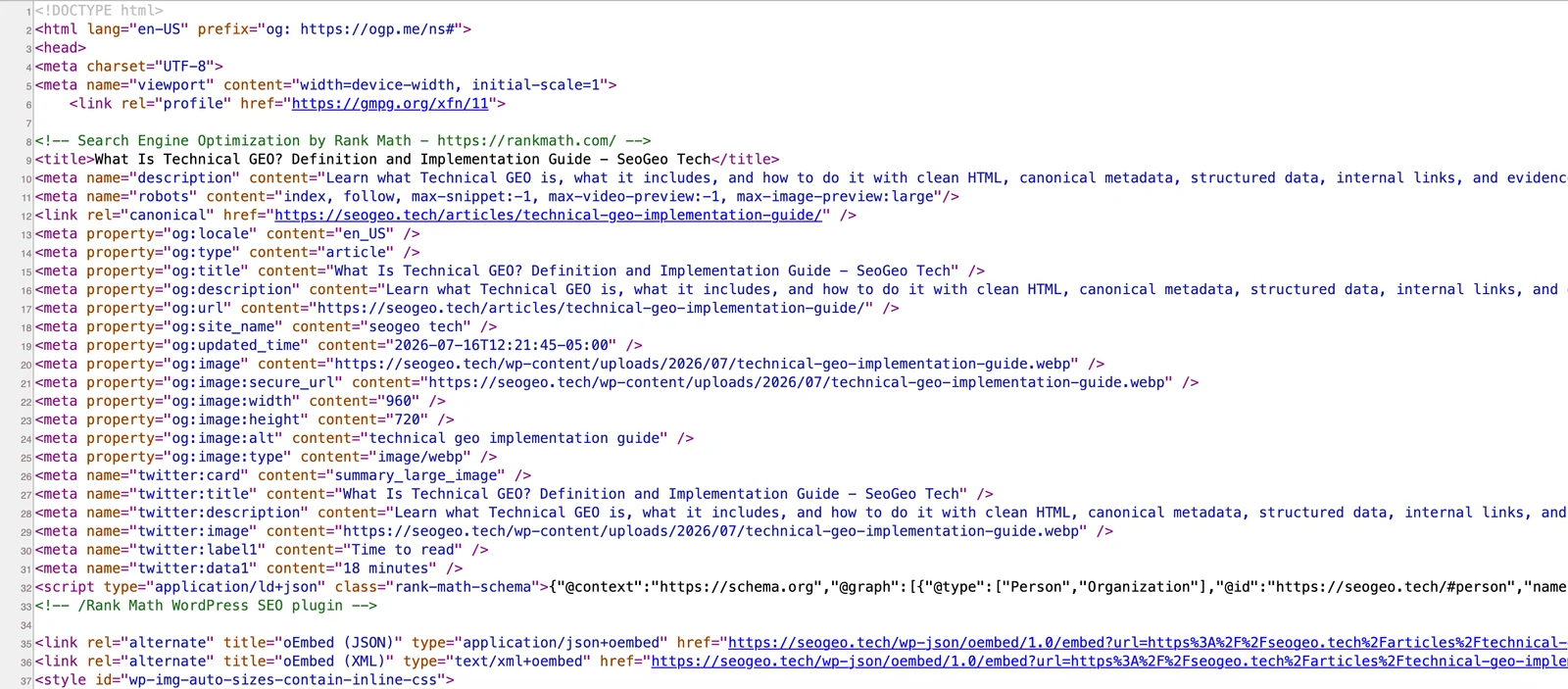 Page source for a SeoGeo Tech article showing title, description, canonical, robots, Open Graph, and schema output