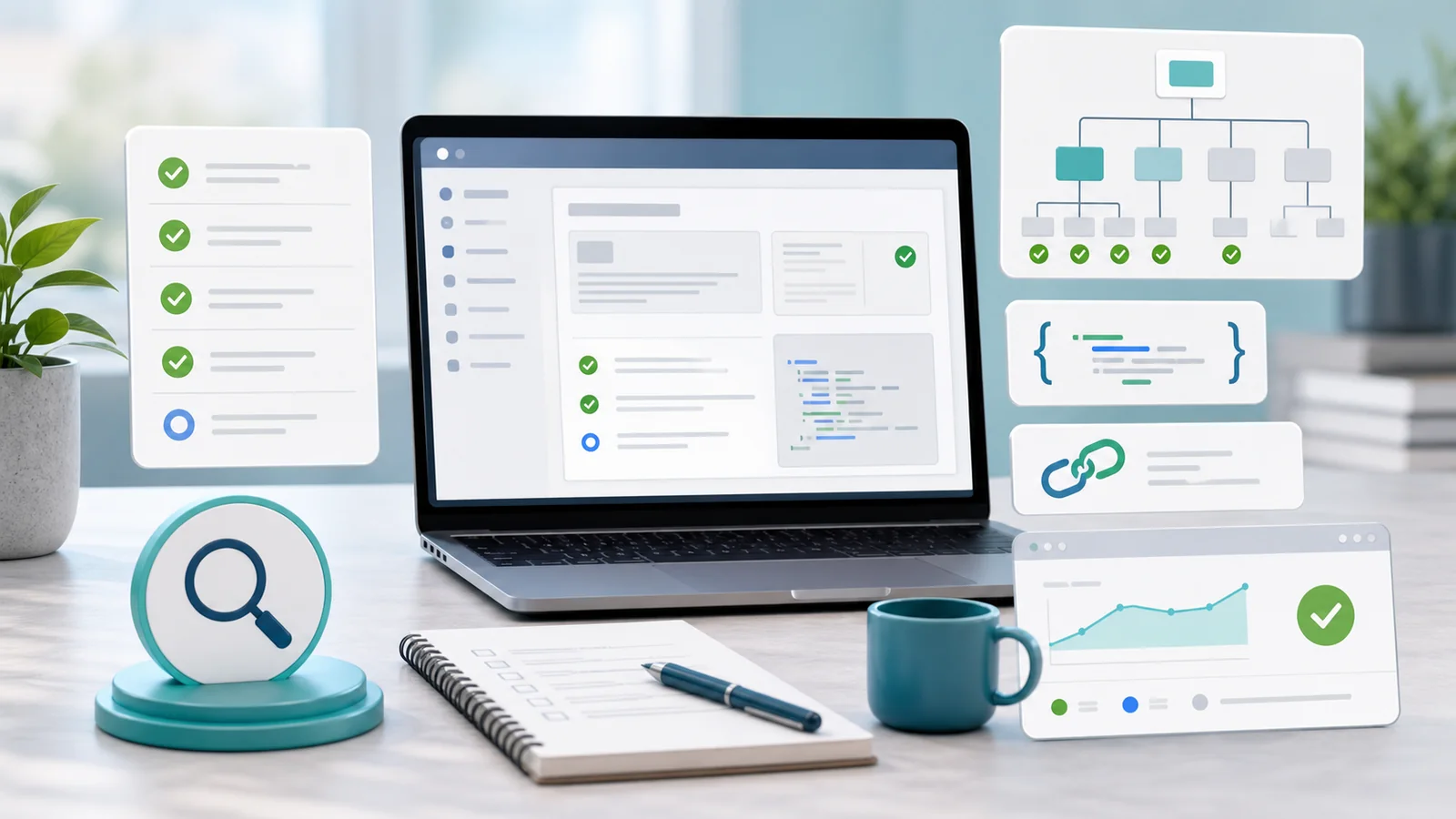 Post-publish SEO QA workflow with a checklist, URL inspection panel, sitemap map, structured data block, canonical link, and performance checks