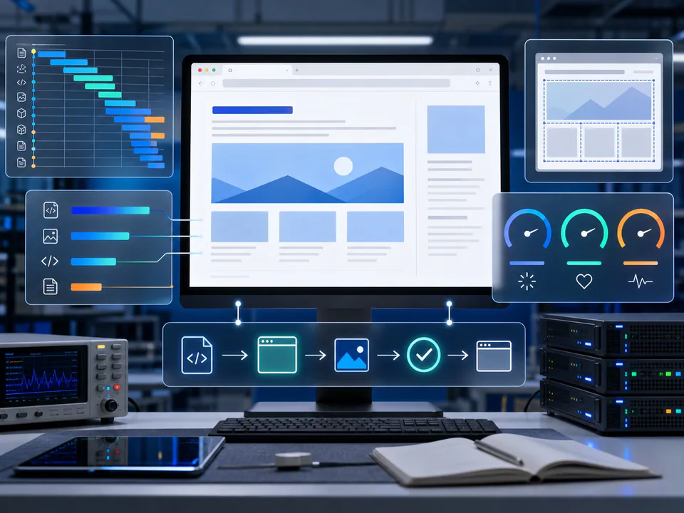 Rendering and Performance for SEO shown as a technical dashboard for SEO and GEO implementation work