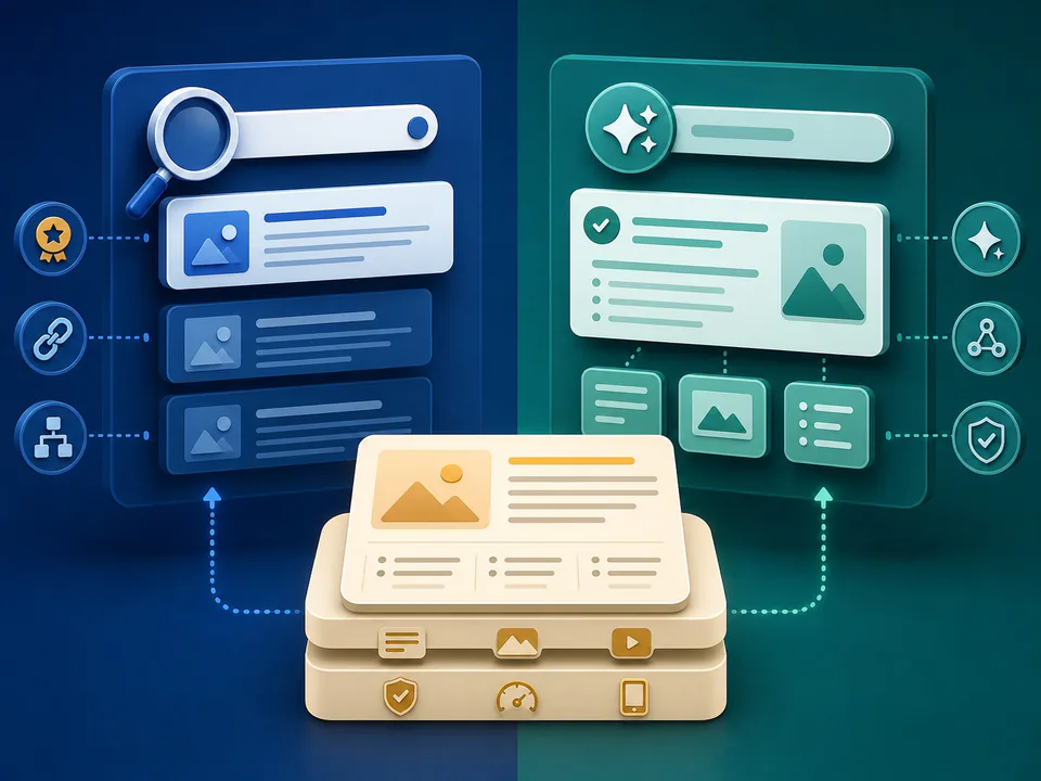 SEO vs GEO: A Practical Comparison shown as a technical dashboard for SEO and GEO implementation work