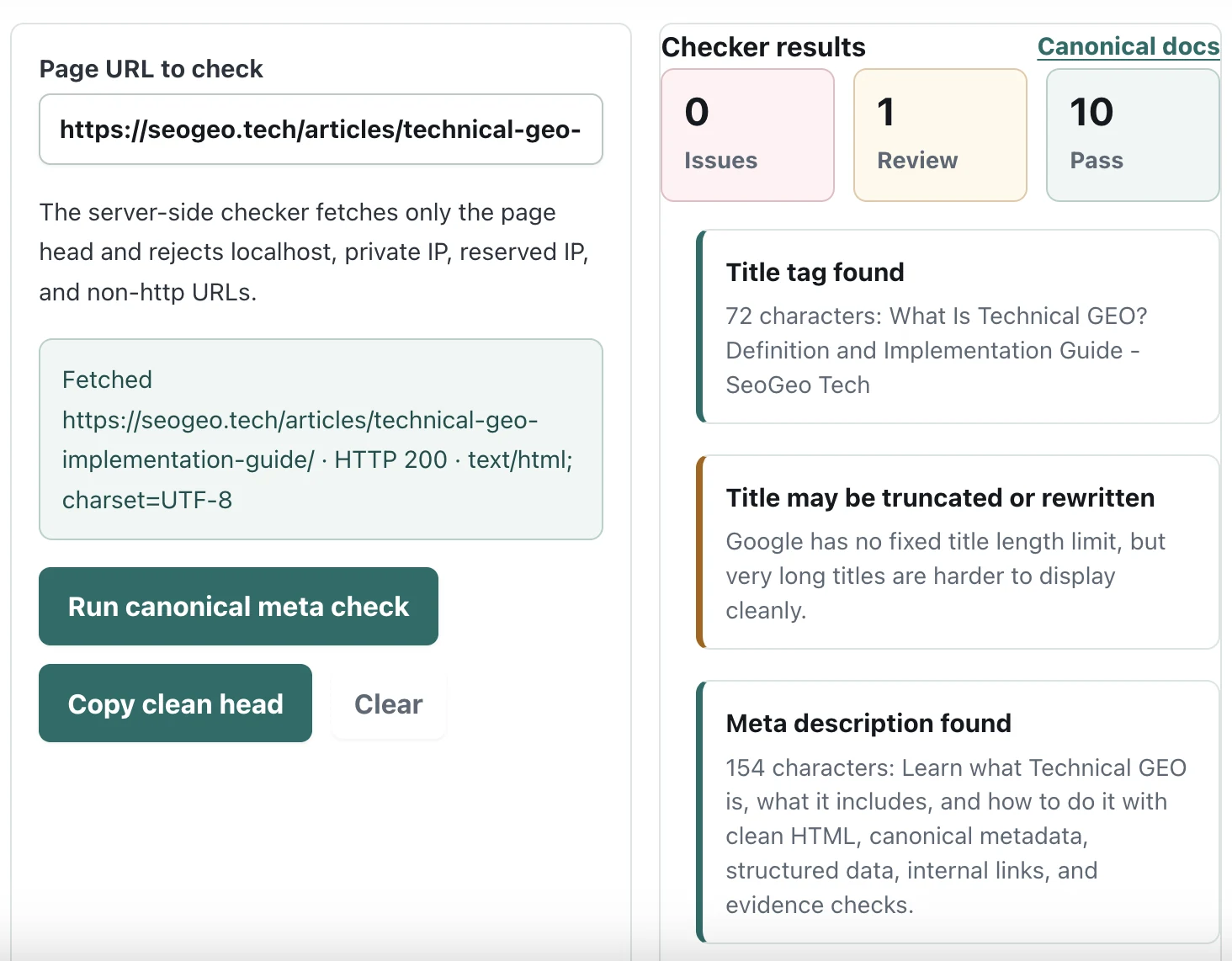 Canonical URL and meta tag checker results for the SeoGeo Tech Technical GEO implementation guide