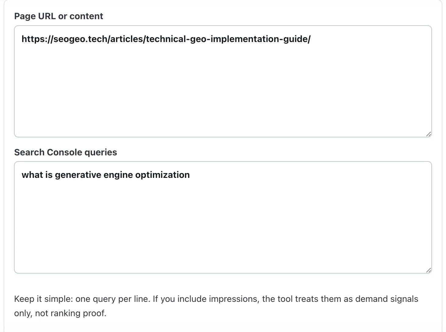 AI Search Content Gap Analyzer input using the SeoGeo Tech Technical GEO article and a generative engine optimization query