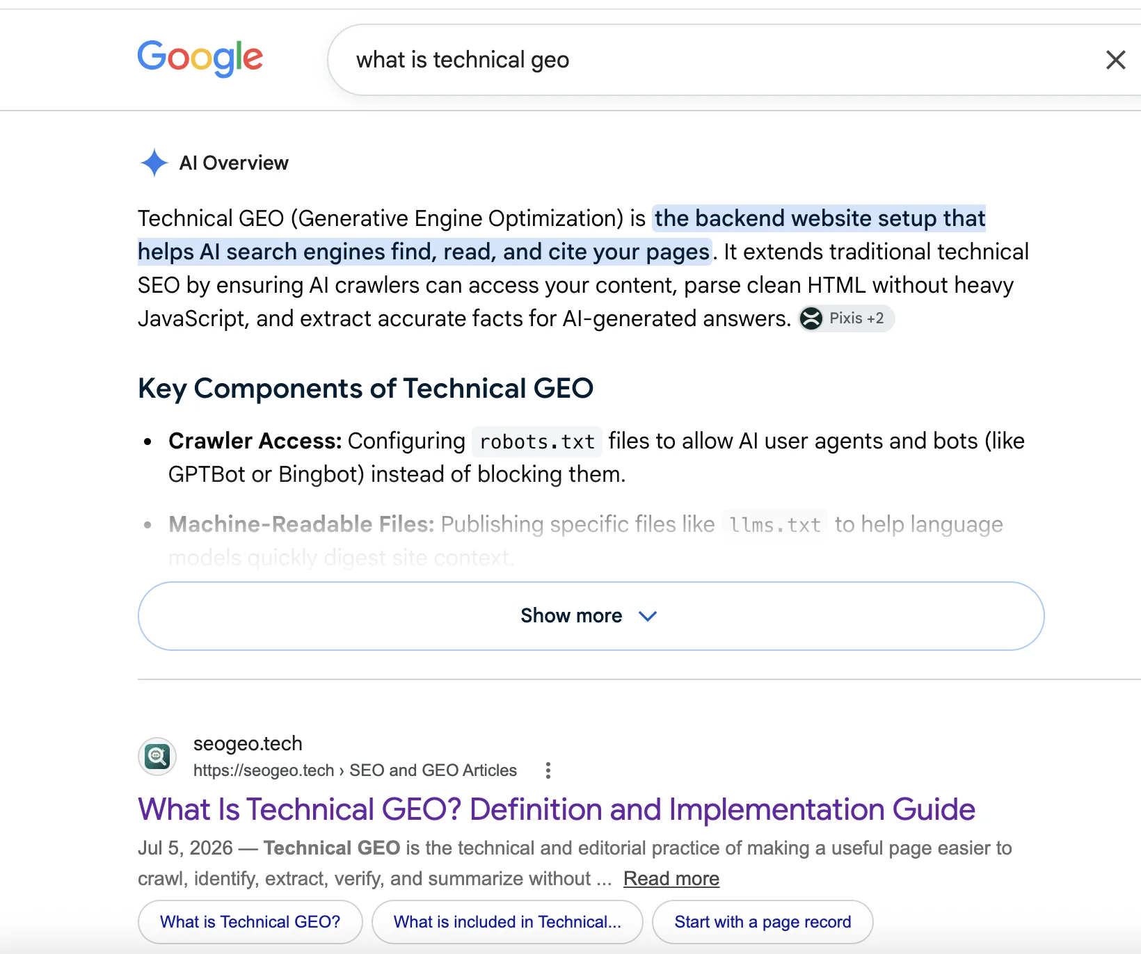Google Search result showing SeoGeo Tech article section links for the query what is technical geo