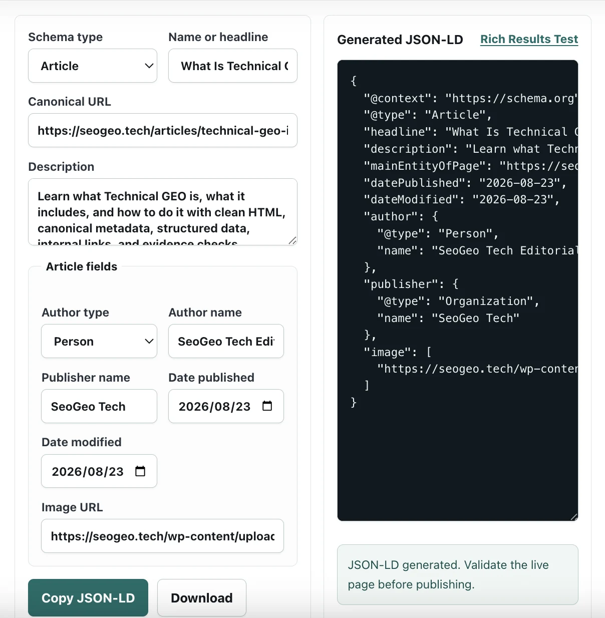 JSON-LD Schema Generator creating Article schema for the SeoGeo Tech Technical GEO implementation guide