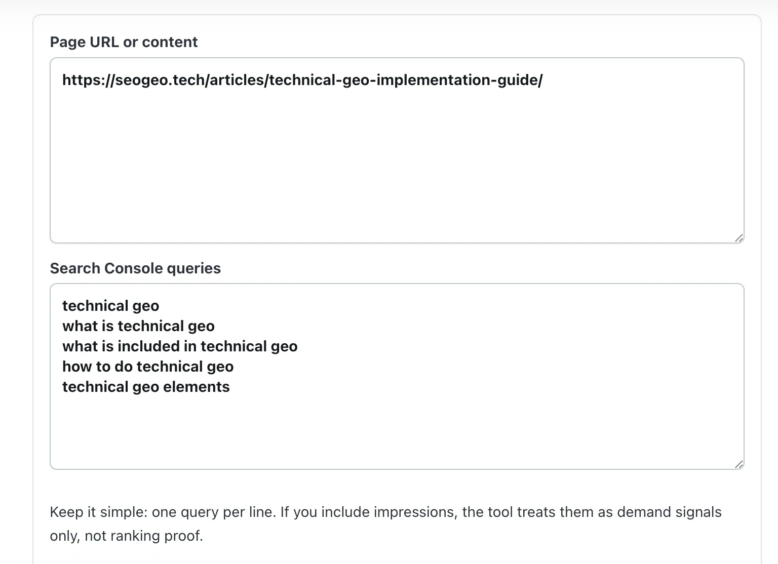 AI Search Content Gap Analyzer input showing the Technical GEO page URL and related Search Console queries