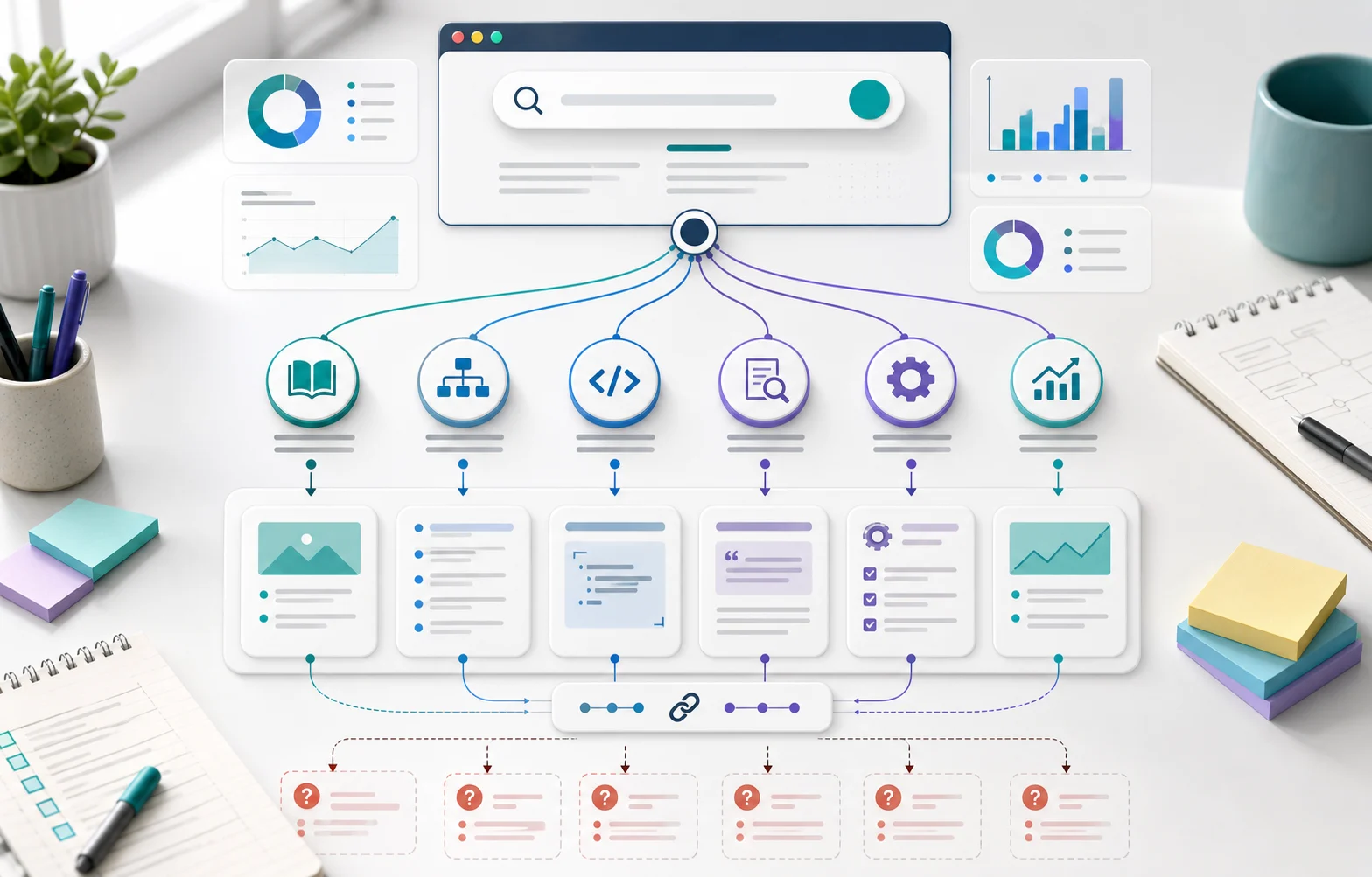Query fan-out SEO workflow showing one search query branching into related information needs, content sections, internal links, and content gaps